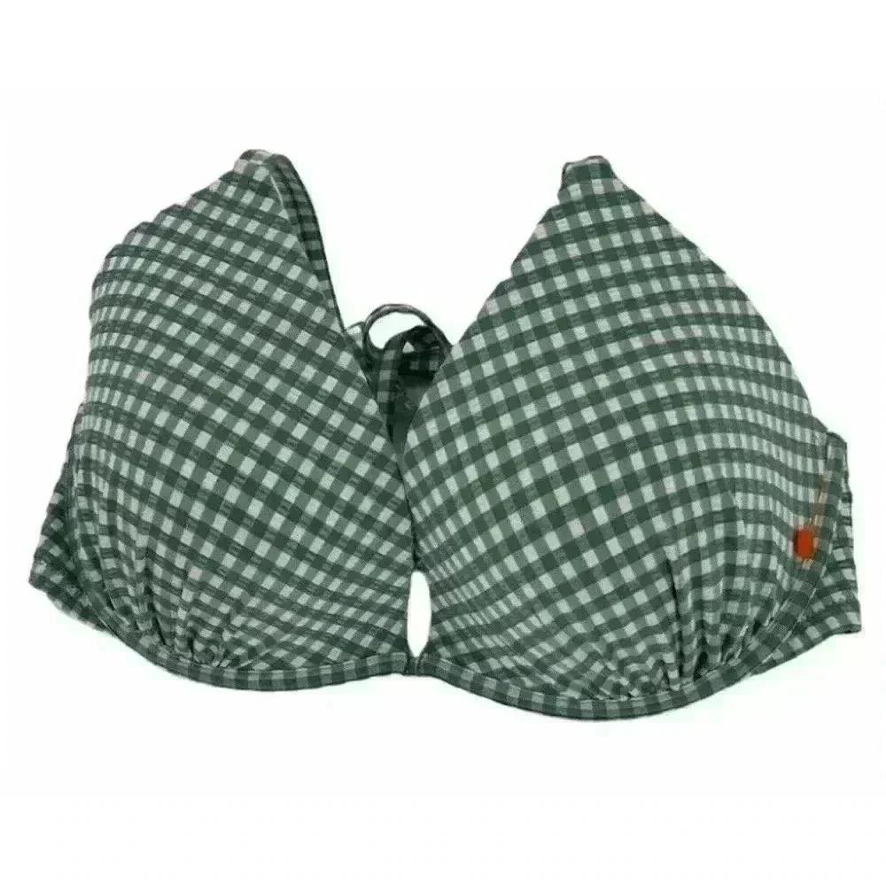 Shade & Shore Bikini Top Sage Green Plaid Padded Swimwear Bra Size 34DD
